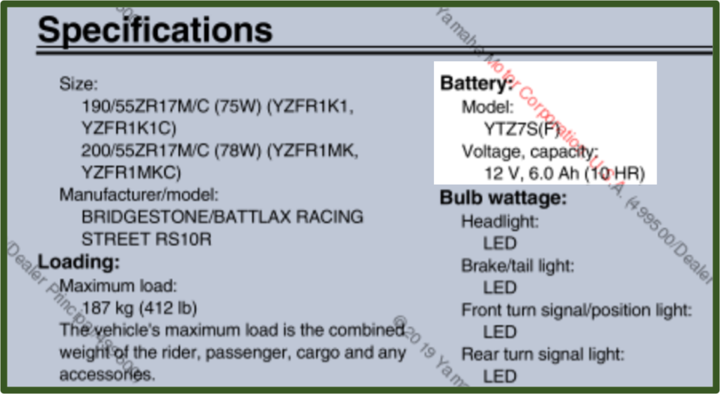 Battery Specs - Yamaha