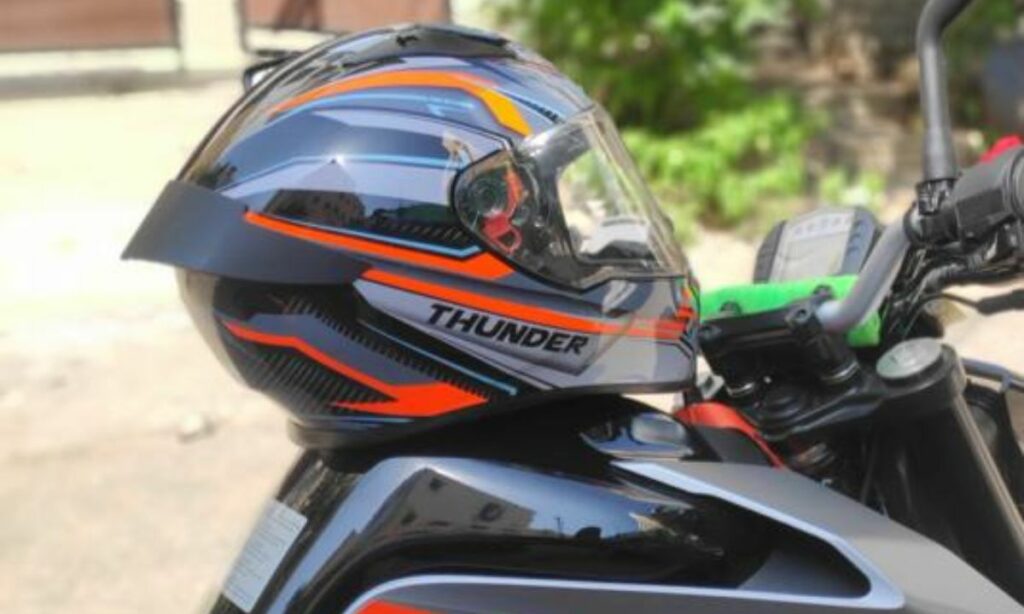 A helmet placed on the motorcycle