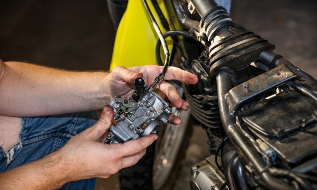 A man holding the choke of a motorcycle carburetor