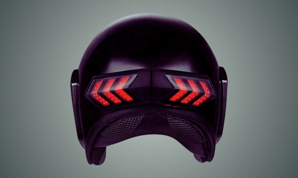 A motorcycle helmet with LED light at the back
