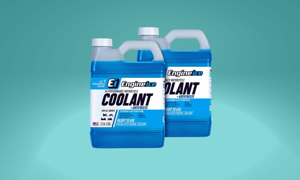 2 motorcycle coolant cans with blue background