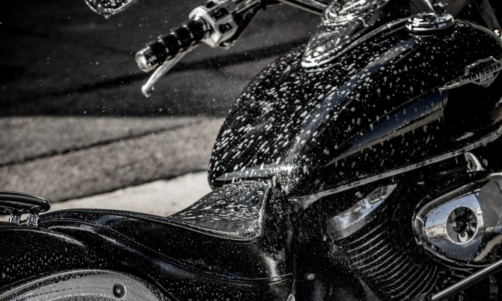 Wet water droplets on a motorcycle
