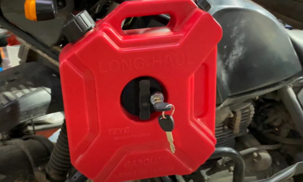 Rotopax can fitted on a motorcycle to store extra gasoline