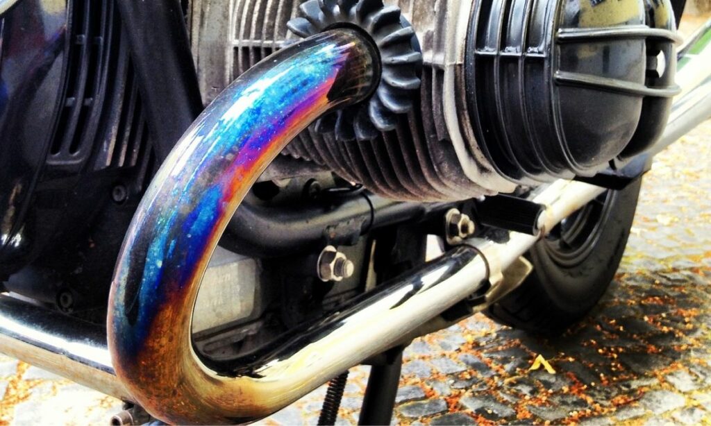 Motorcycle exhaust pipe turning blue in color