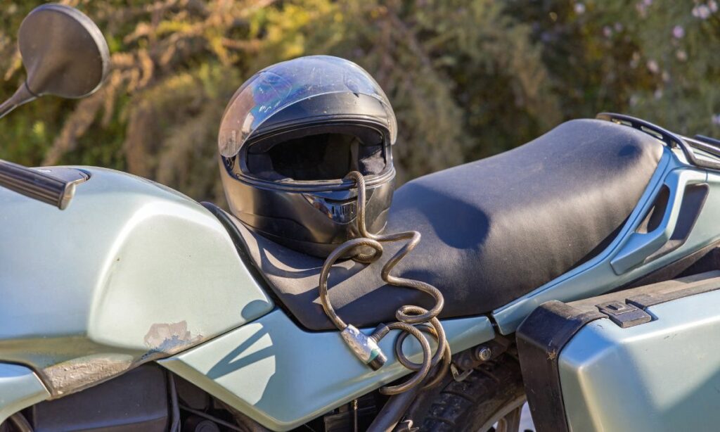 Helmet locked and placed on the motorcycle seat